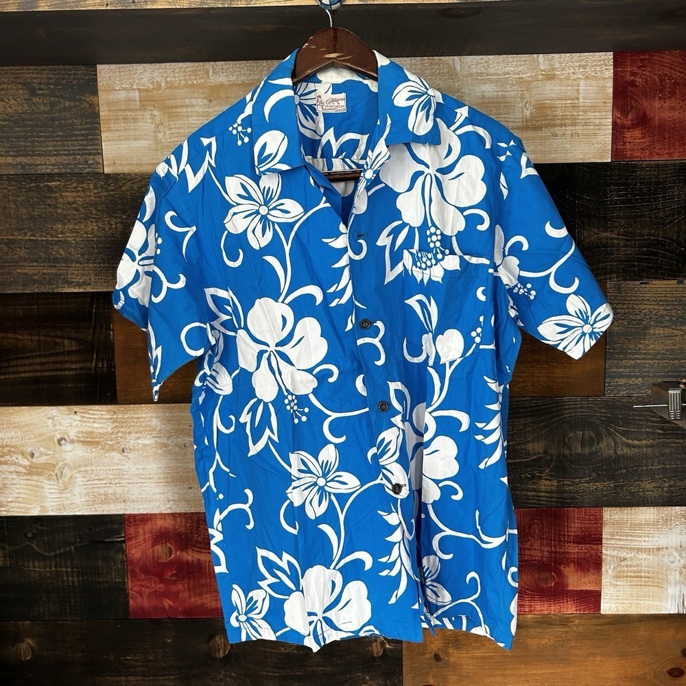 Lei O Hawaii Sportswear Hawaiian Shirt Vintage 50s 60s Flor Hibiscus Blue Mens L